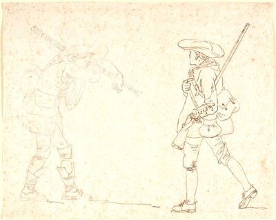 Twee Wandelende Mannenfiguren, de Een in Jagerskleding, de Ander Dragend een Bundel Stokken door Nicolai Abildgaard