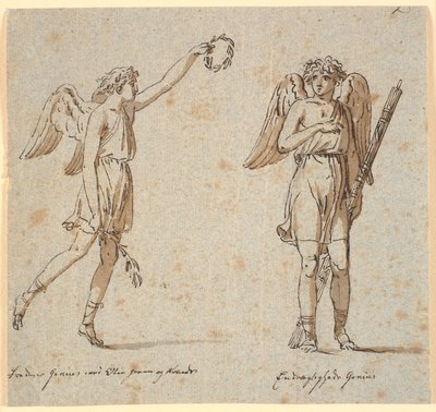 Twee genieën, de ene met olijftak, de andere met fasces door Nicolai Abildgaard