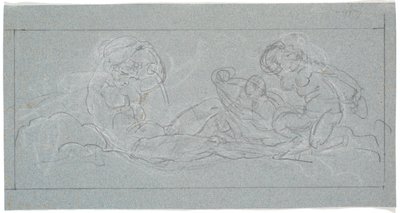 Ontwerp voor deurstuk. Een liggende jongeling giet water uit een kruik, rechts zeenimfen door Nicolai Abildgaard