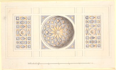 Ontwerp voor een plafond met gewelfd middendeel in violet en geel door Nicolai Abildgaard
