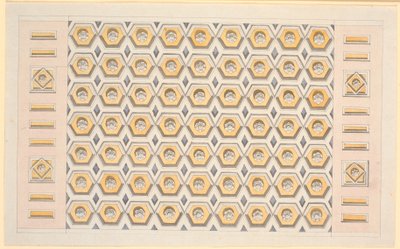 Ontwerp voor plafond met zeshoekige kassettes en rozetten in geel en violet door Nicolai Abildgaard