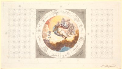 Schets voor plafonddecoratie met cassetteplafond en in het midden een cirkelvormige afbeelding van de ochtend die bloemen uitstrooit door Nicolai Abildgaard