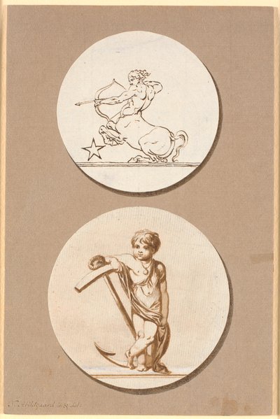 Ontwerp voor twee cirkelvormige reliëfs, boven een boogschietende centaur, onder een kleine jongen leunend op een anker door Nicolai Abildgaard
