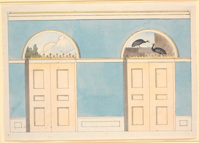 Ontwerp voor muurschildering met halfronde panelen boven twee deuren, op blauwe muren door Nicolai Abildgaard