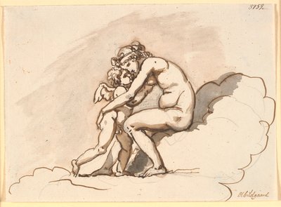 Venus, zittend in de wolken, omhelst Amor door Nicolai Abildgaard