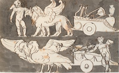 Gevleugelde jongens bij de wagens van Apollo en Jupiter, getrokken door griffioenen en adelaars door Nicolai Abildgaard