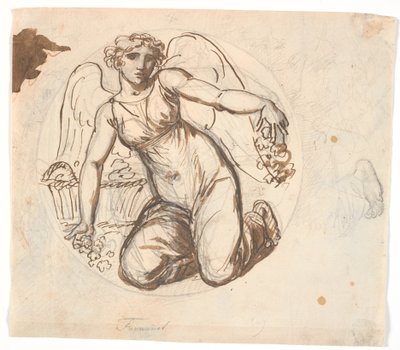 Gevleugelde Vrouwelijke Figuur in Cirkelvormig Veld. Rechts studie van de linker voet van de figuur door Nicolai Abildgaard