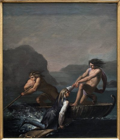 Het schipbreuk Niels Klim gered door twee Quamites. Fragment uit De Ondergrondse Reis van Niels Klim door Nicolai Abraham Abildgaard