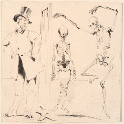 Proefblad. Heer past kleding voor spiegel. Twee skeletten door Nicolai Habbe