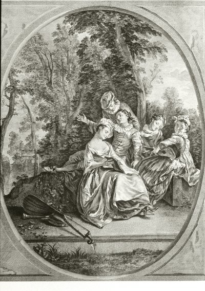 Muziekles (gravure) door Nicolas (after) Lancret