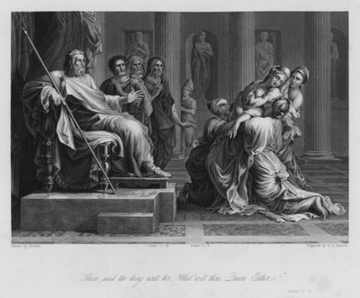 Esther voor Ahasveros, Esther V, 3 (gravure) door Nicolas (after) Poussin