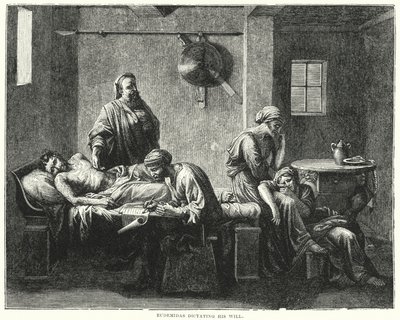 Eudemidas dicteert zijn testament (gravure) door Nicolas (after) Poussin