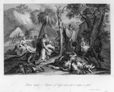 Het oprichten van de koperen slang, Numeri XXI, 9 door Nicolas (after) Poussin