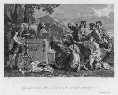 Het Gouden Kalf, Exodus XXXII, 8 (gravure) door Nicolas (after) Poussin