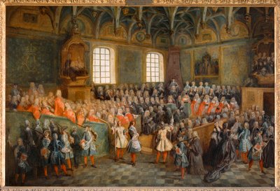 Zitting van het Hof (Lit de Justice), gehouden in het Parlement op 22 februari 1723 ... door Nicolas (attr. to) Lancret