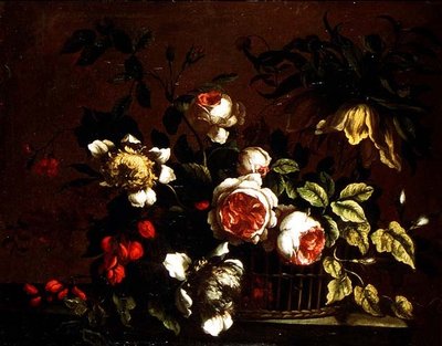 Rozen, pioenen en andere bloemen op een rand door Nicolas (circle of) Baudesson