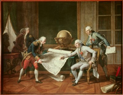De koning van Frankrijk Lodewijk XVI (1754-1793) geeft instructies aan kapitein Jean-Francois Galaup, graaf van La Perouse door Nicolas Andre Monsiau