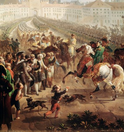Het Franse leger, onder bevel van Napoleon Bonaparte, betreedt München op 24 oktober 1805 (detail) door Nicolas Antoine Taunay