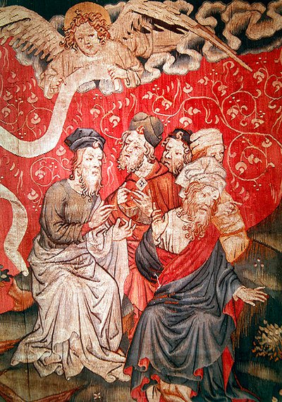 Detail van de engel die het Evangelie brengt aan de mensen, nr. 49 uit De Apocalyps van Angers door Nicolas Bataille