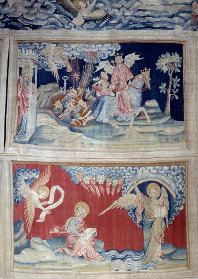Wandkleed van de Openbaring (1373-1383), nr. 24: de vijfde bazuin: een sleutel bevrijdt de sprinkhanen. Hieronder, nr. 27, de Engel in het boek verschijnt aan Sint Jan die de goddelijke boodschap opschrijft op het geluid van de zeven donderslagen. Wandtapi door Nicolas Bataille