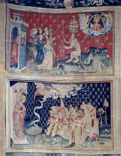 Wandtapijt van de Openbaring (1373-1383), nr. 42: Aanbidding van het Beest (?). Nr. 49: de val van Babylon. Wandtapijt door Nicolas Bataille (1330-1405) door Nicolas Bataille