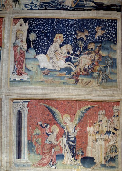 Wandkleed van de Openbaring (1373-1383), nr. 70: het Woord van God laadt de Bieten. Nr. 74: Sint Jan voor de Engel en het Nieuwe Jeruzalem. Wandtapijt door Nicolas Bataille door Nicolas Bataille
