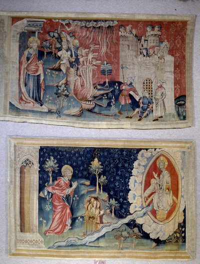 Wandtapijt van de Openbaring (1373-1383), nr. 72: Satan belegerd de stad. Nr. 74: Sint Jan voor Christus. Wandtapijt door Nicolas Bataille (1330-1405) door Nicolas Bataille