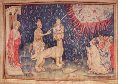 Het Beest van de Aarde laat vuur uit de hemel vallen, uit de Apocalyps Tapestry van Angers door Nicolas Bataille