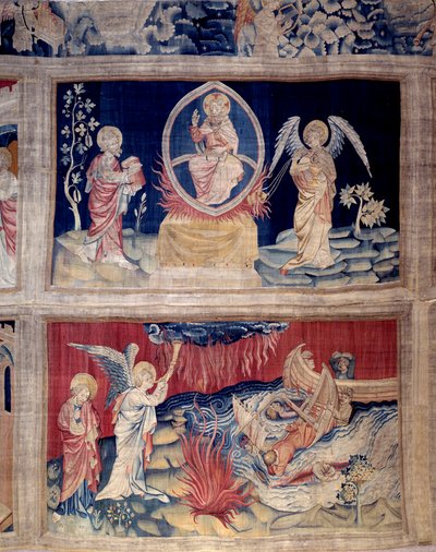 Het gordijn van de Openbaring (1373 -1383), nr. 15 en 18: God en St. Jan huilen als ze de ramp zien. Wandtapijt door Nicolas Bataille (1330-1405) door Nicolas Bataille