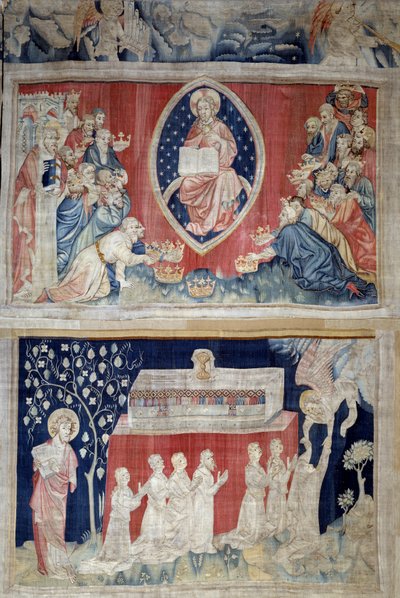Het gordijn van de Openbaring (1373-1383), nr. 5: de oudsten buigen zich voor Christus in majesteit (Jezus Christus in glorie is afgebeeld binnen een mandorla). Nr. 11: de zielen van de martelaren. Wandtapijt door Nicolas Bataille door Nicolas Bataille