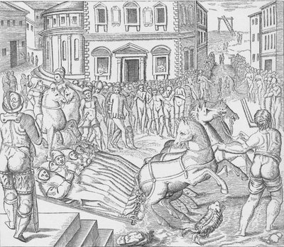 Executie van drie kartuizer martelaren, Tyburn, Londen, 1535 door Nicolas Beatrizet