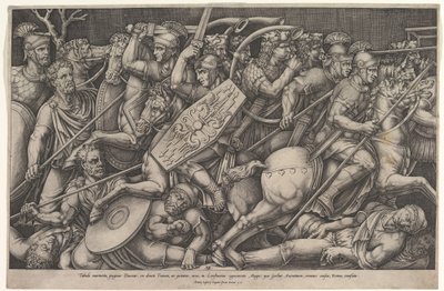 Romeinse soldaten vechten tegen Daciërs, gevechtsscène in ondiepe diepte met paarden, 1553 door Nicolas Beatrizet