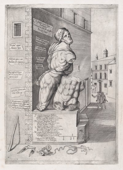 Speculum Romanae Magnificentiae: Standbeeld van Pasquin in het Huis van Kardinaal Ursino..., 16e eeuw door Nicolas Beatrizet