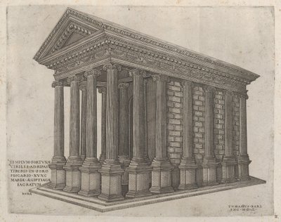 Speculum Romanae Magnificentiae: De Tempel van Fortuna in Rome, 16e eeuw door Nicolas Beatrizet