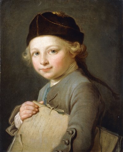 Portret van een jonge jongen, halflang, met een grijze jas en pet door Nicolas Bernard Lepicie