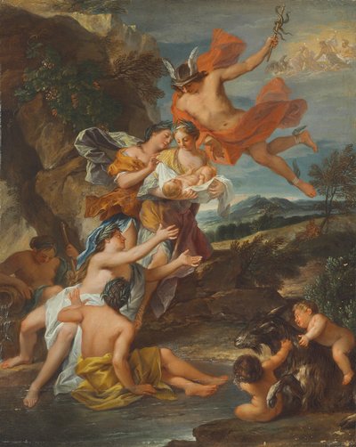 Mercurius vertrouwt de jonge Bacchus toe aan de nimfen van Nysa door Nicolas Bertin