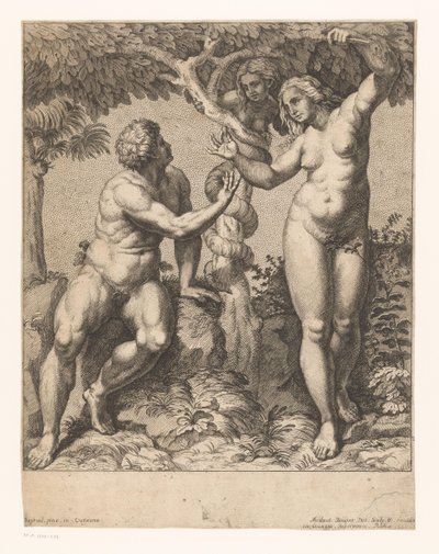 Adam en Eva verleid door de slang door Nicolas Bocquet