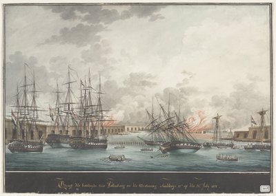 Gezicht der batterijen voor Palembang na der Verwinning smiddags - 12u. op den 24. July 1821 door Nicolas Cammillieri