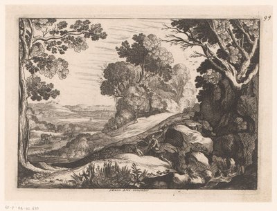 Heuvelachtig landschap met twee geitenhoeders door Nicolas Cochin (attributed to)