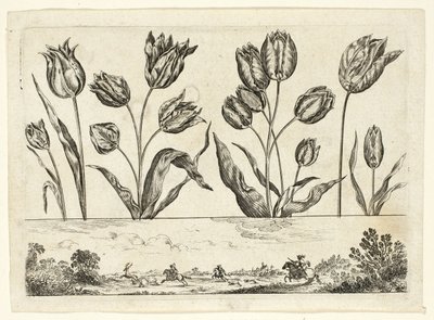 Bloemen en Jachtscène, uit Livre Nouveau de Fleurs... door Nicolas Cochin