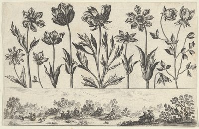 Horizontaal paneel met een rij bloemen boven een fries met figuren in een landschap, 1645 door Nicolas Cochin