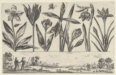 Horizontaal paneel met een rij bloemen boven een fries met figuren in een landschap door Nicolas Cochin