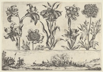 Horizontaal paneel met een rij bloemen boven een fries met een gevechtsscène in een landschap, 1645 door Nicolas Cochin
