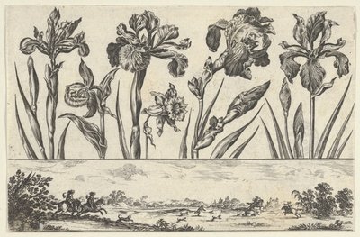 Horizontaal Paneel met een Rij Bloemen Boven een Fries met een Jachtscène in een Landschap door Nicolas Cochin