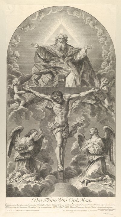De Heilige Drie-eenheid, Christus aan het kruis geflankeerd door twee engelen, de Heilige Geest als een duif, 1702 door Nicolas Dorigny