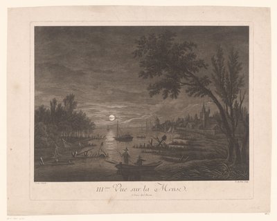 Nachtelijk zicht op de Maas met vissers door Nicolas Dufour