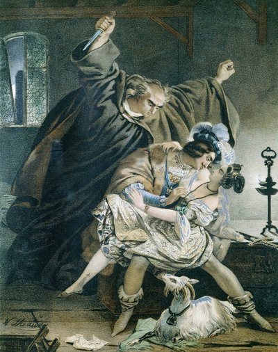 Esmeralda, Phoebus en Claude Frollo (Notre Dame de Paris) door Victor Hugo. Illustratie door Nicolas Eustache Maurin 1799-1850 Privécollectie. door Nicolas Eustache Maurin