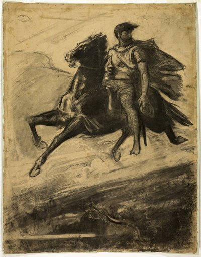 Man die door de lucht rijdt op een paard door Nicolas François Chifflart