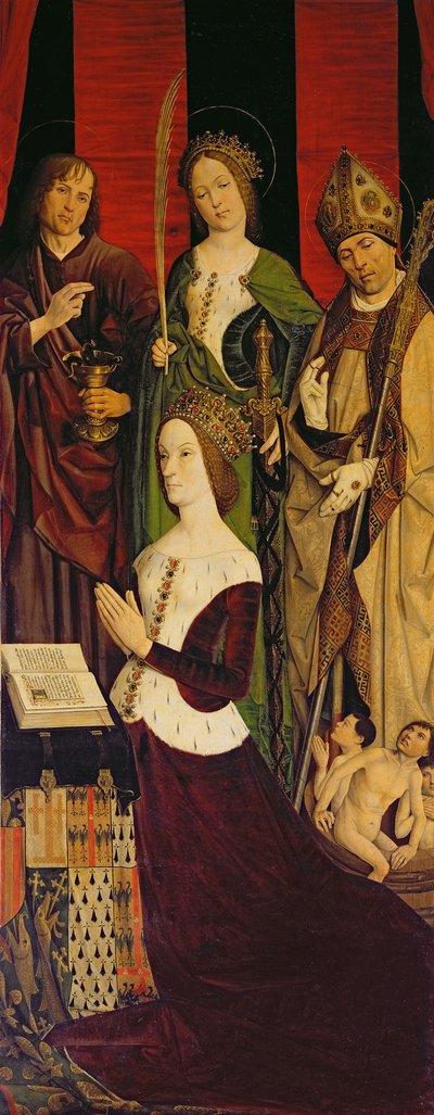 Drieluik van Mozes en de Brandende Braamstruik, rechterpaneel met Jeanne de Laval (overleden 1498) met St. Johannes, St. Catharina en St. Nicolaas, c.1476 door Nicolas Froment