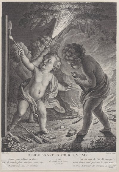 Vieren van de vrede, drie putti met vuurwerk, 1745-71 door Nicolas Gabriel Dupuis
